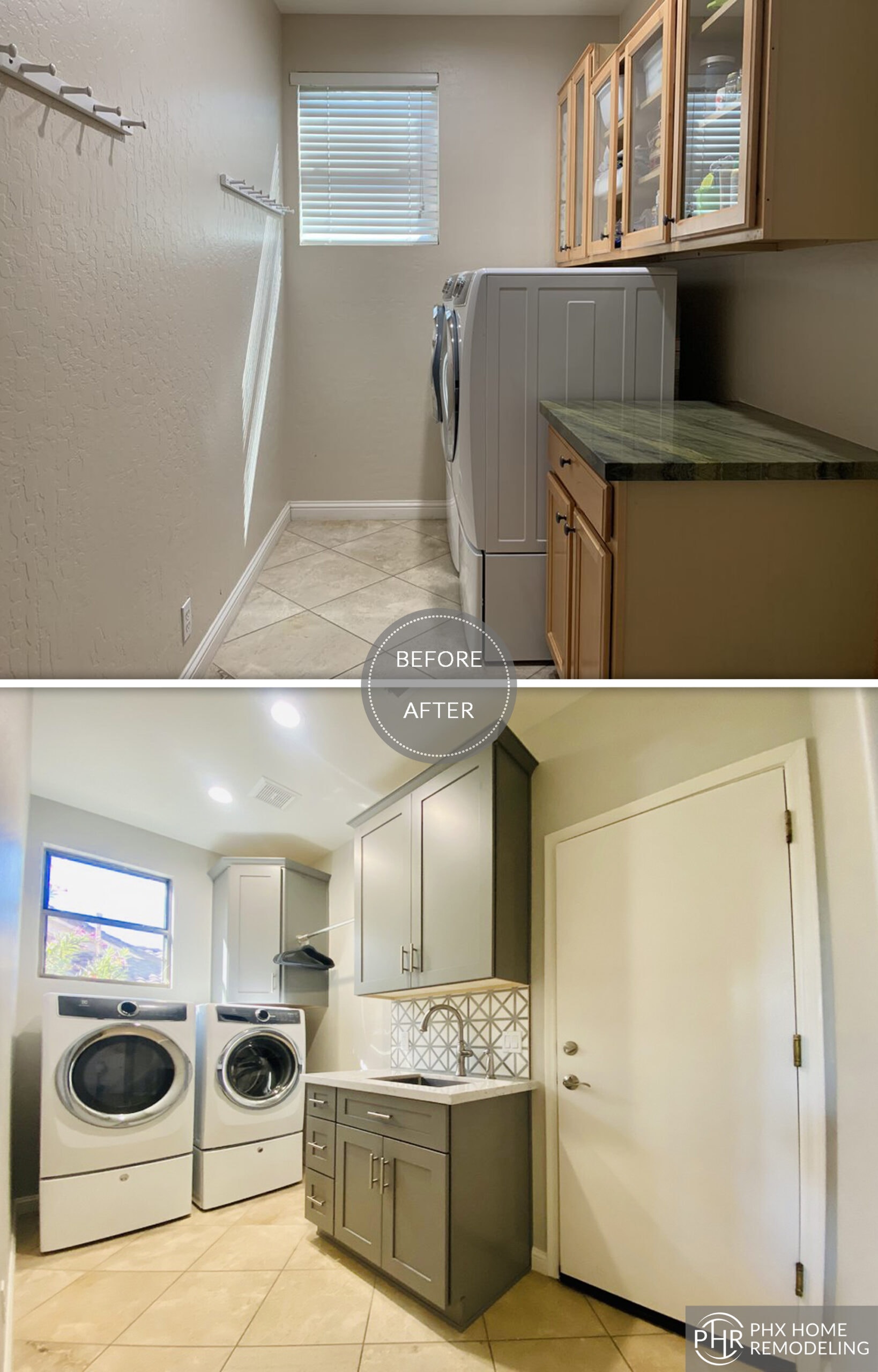 Green Cabinets in laundry room before and after