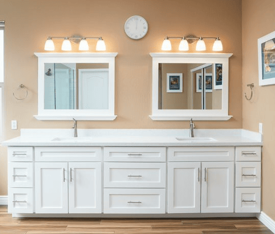White bathroom vanity with white cabinet and countertop