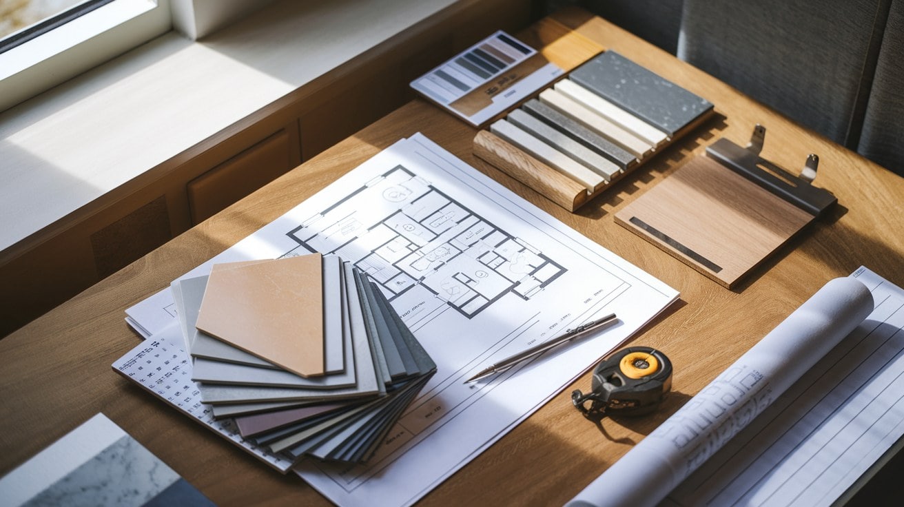 Architectural Drawings Tile Samples Design Phase Selection Table Rolled Architectural Drawings Unrolled On A Wood Table Beside A Tape Measure, A Mechanical Pencil, And A Fanned Stack Of Tile And Stone Samples.
