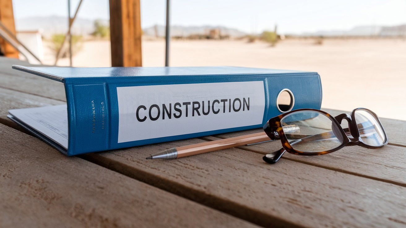 Arizona Roc License Lookup Binder Table Closed Contract Binder, Reading Glasses, And A Pencil On A Wood Table In Bright Desert Daylight