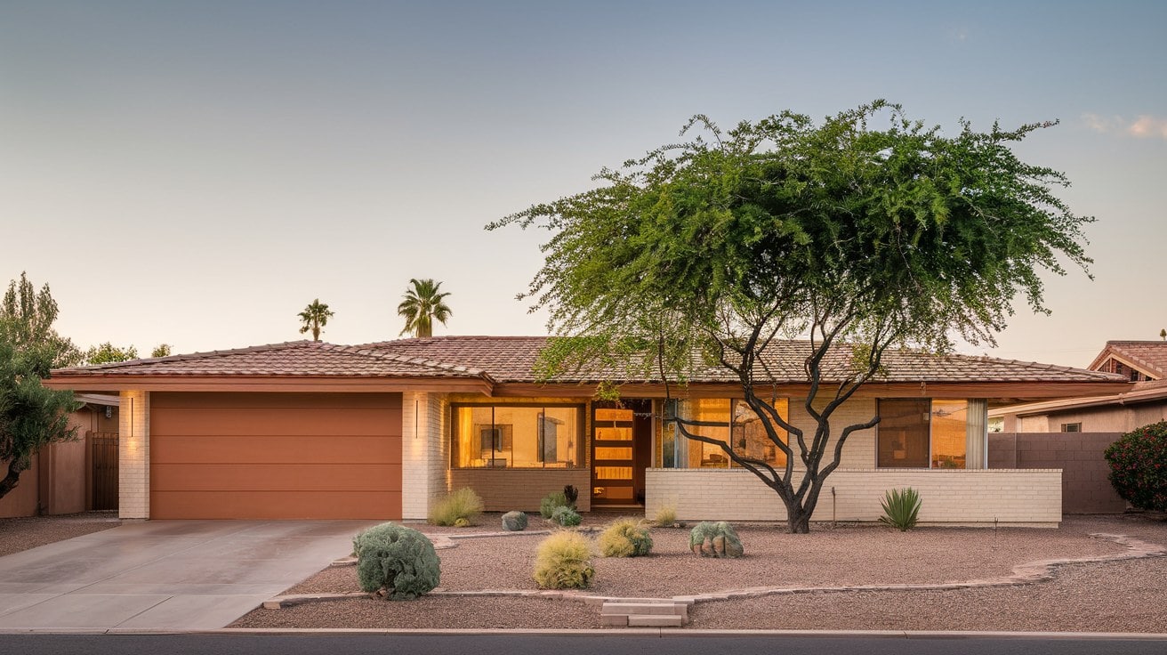 Arizona Roc License Lookup Ranch Home Mid-Century Phoenix Ranch Home At Golden Hour With Terra-Cotta Roof Tile And A Mature Palo Verde Tree