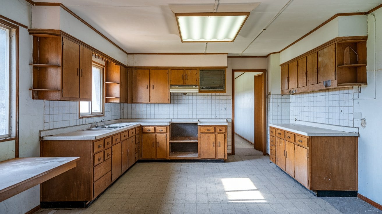 Empty 1980S Phoenix Ranch House Kitchen Before Remodel An Empty Unstaged 1980S Phoenix Ranch House Kitchen Before Remodeling With Original Oak Cabinet Fronts, Laminate Counters, And Worn Vinyl Flooring Under Harsh Overhead Light.