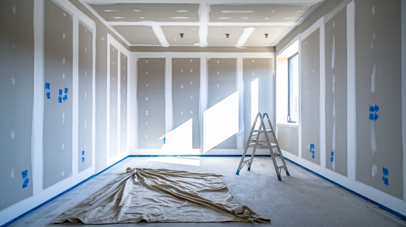 Empty Room Punch List Stage Painters Tape Drop Cloth An Empty Room At The Punch-List Stage With Blue Painter'S Tape Marking Drywall Touch-Ups And A Drop Cloth On The Floor.