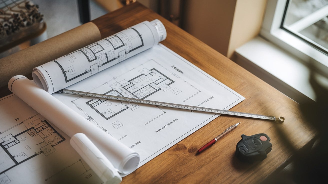 Floor Plan Drawings Tape Measure Walkway Clearance Rolled Architectural Floor Plan Drawings On A Wood Table With A Steel Tape Measure And A Mechanical Pencil.