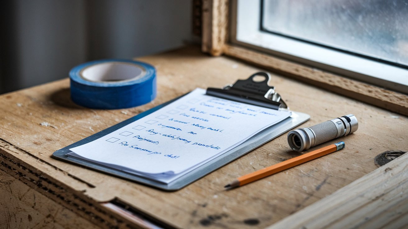 Punch List Clipboard Painters Tape Flashlight A Clipboard With A Handwritten Checklist, A Roll Of Blue Painter'S Tape, And A Flashlight On A Job-Site Table.